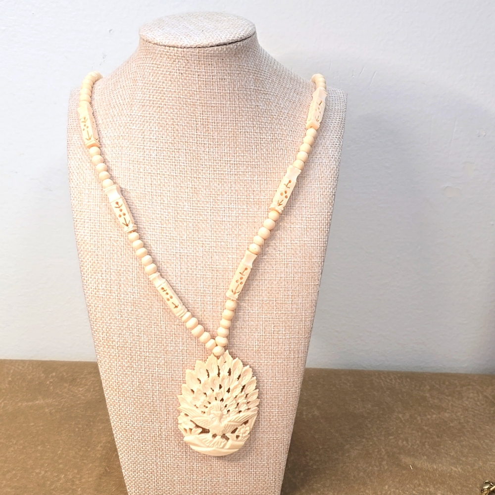 Vintage Carved Peacock Beaded Necklace